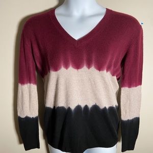 Aqua burgundy, taupe and black ombré cashmere v-neck sweater, size Medium
